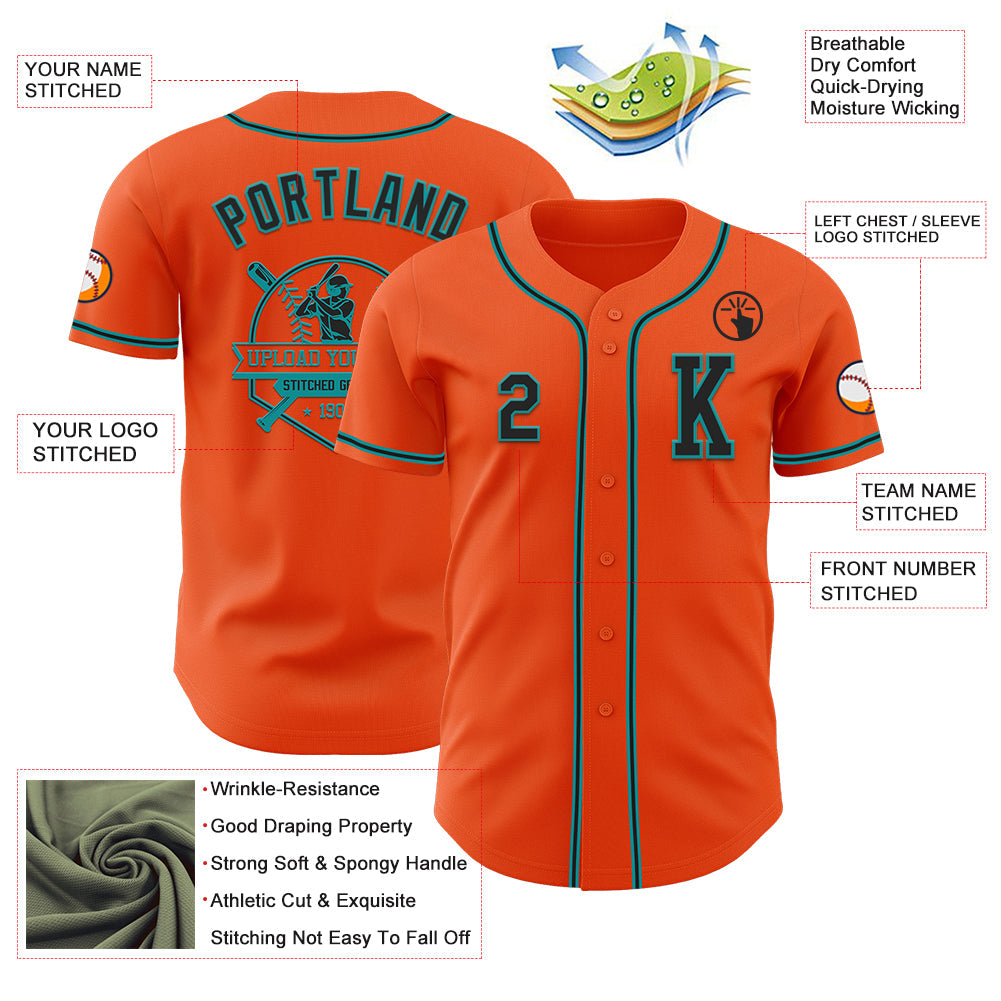 Custom Orange Black-Teal Authentic Baseball Jersey view 6