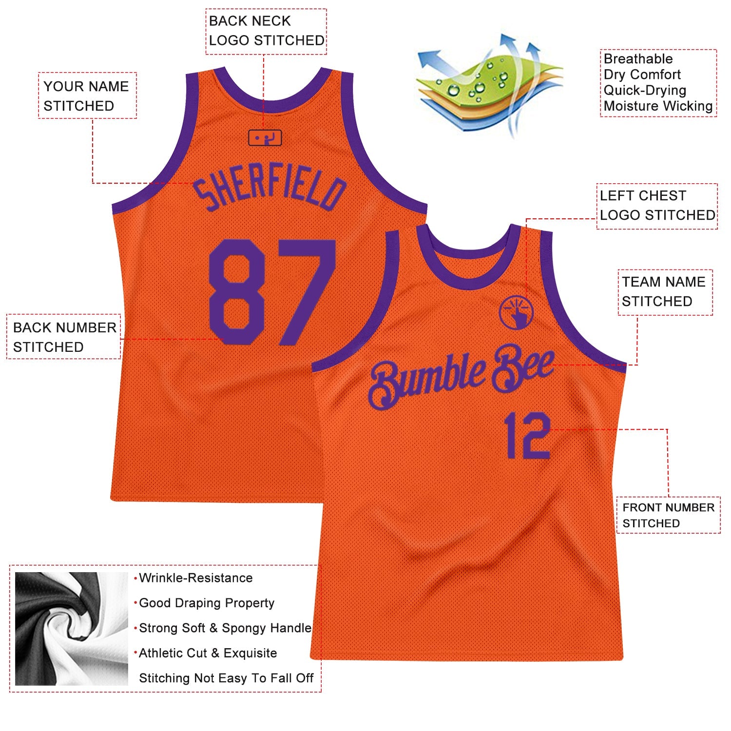 Custom Orange Purple Authentic Throwback Basketball Jersey view 2