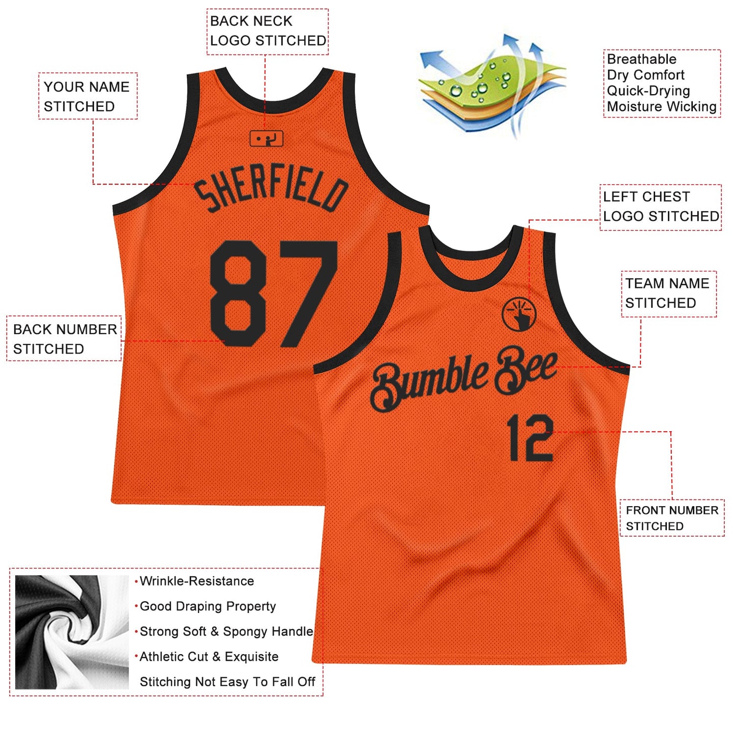 Custom Orange Black Authentic Throwback Basketball Jersey view 2