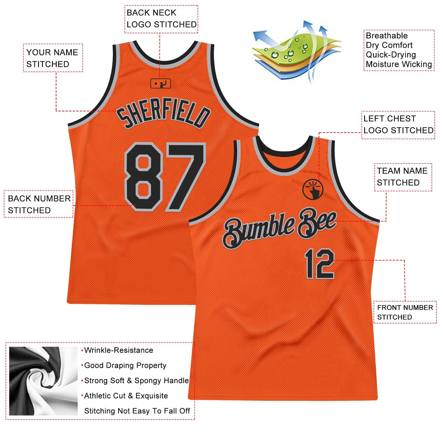 Custom Orange Black-Gray Authentic Throwback Basketball Jersey view 2