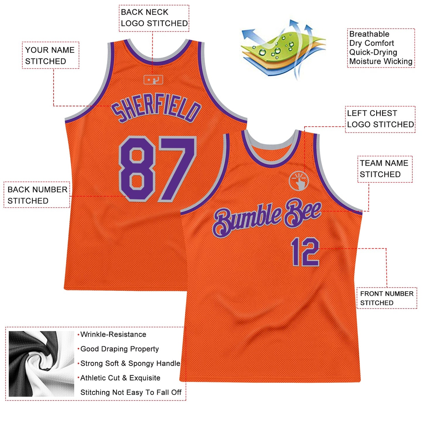 Custom Orange Purple-Gray Authentic Throwback Basketball Jersey view 2