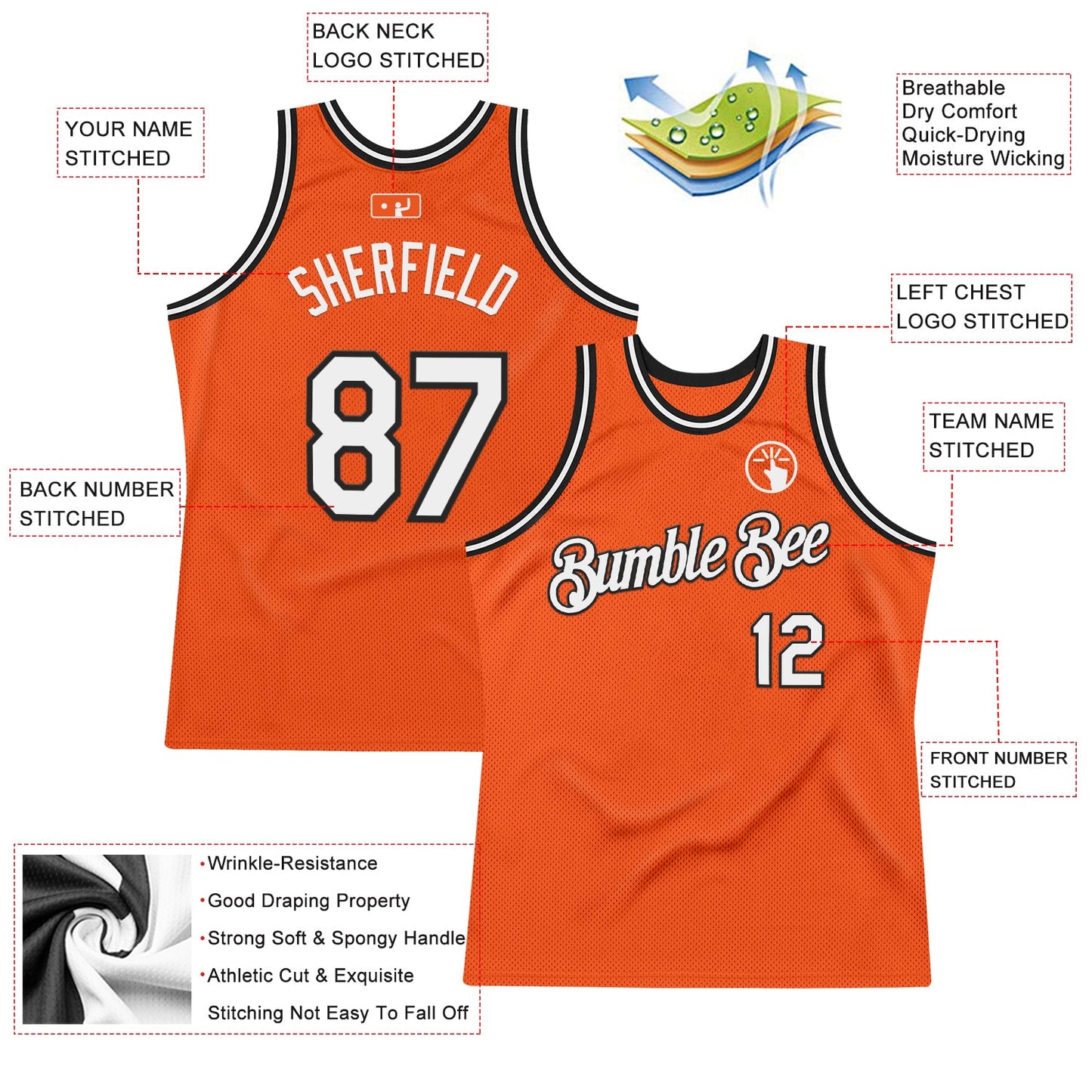 Custom Orange White-Black Authentic Throwback Basketball Jersey view 2