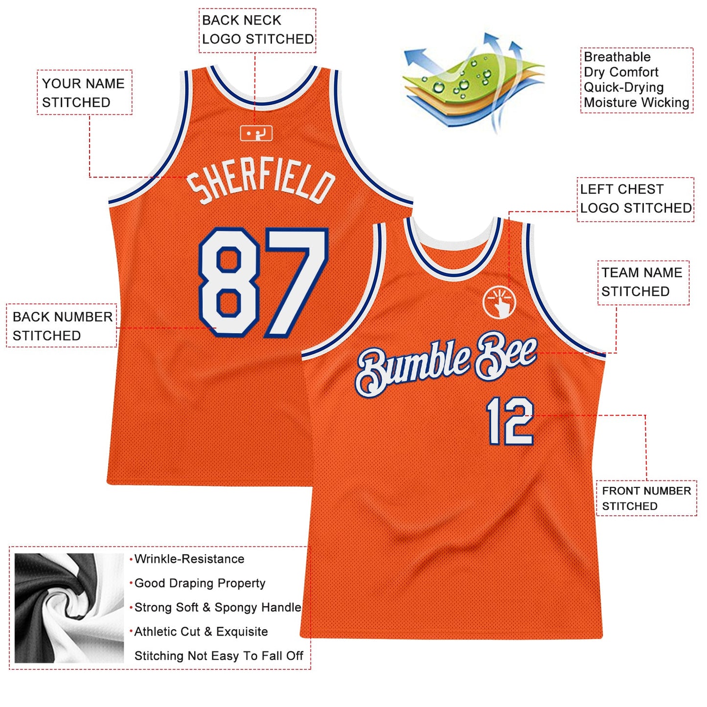 Custom Orange White-Royal Authentic Throwback Basketball Jersey view 2