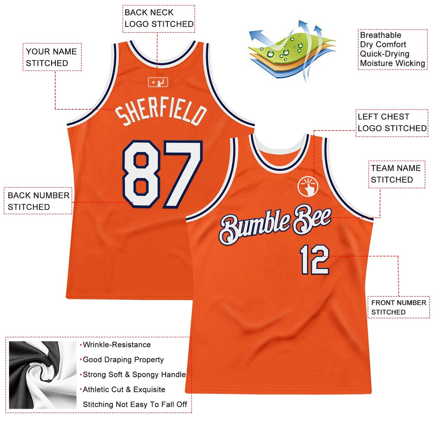 Custom Orange White-Navy Authentic Throwback Basketball Jersey view 2