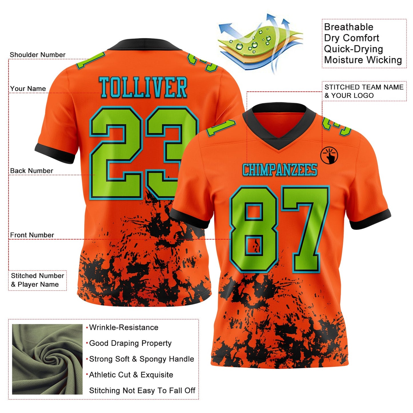 Custom Orange Neon Green Black-Lakes Blue 3D Pattern Splash Authentic Football Jersey view 3