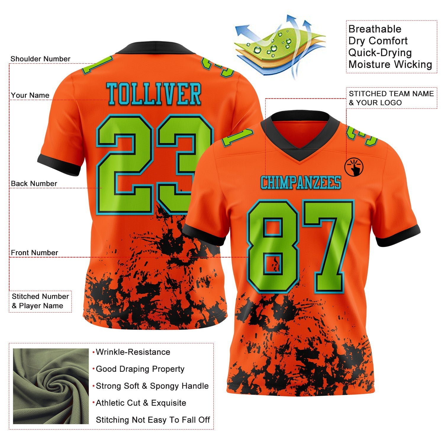 Custom Orange Neon Green Black-Lakes Blue 3D Pattern Splash Authentic Football Jersey view 3