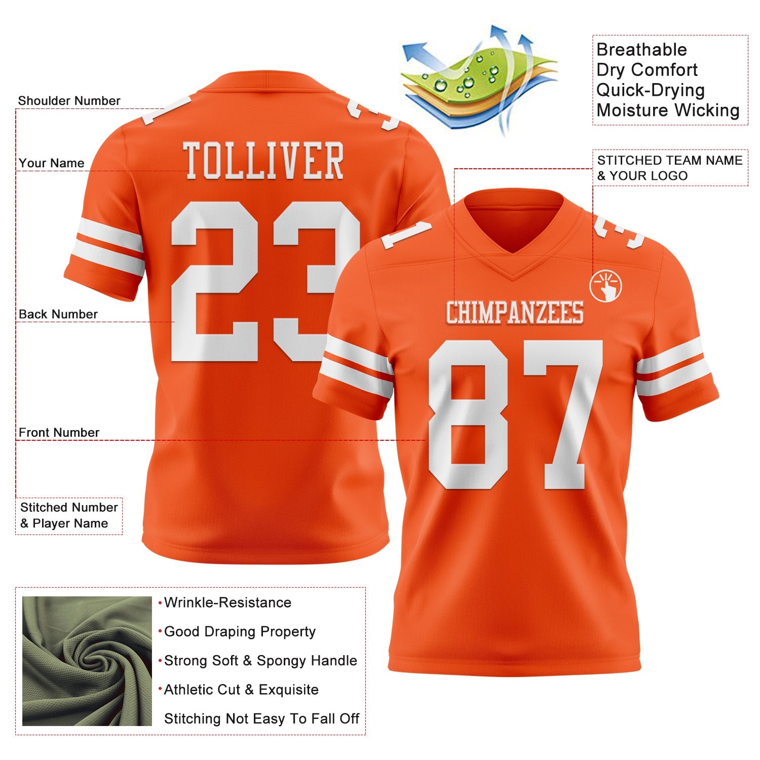 Custom Orange White Authentic Football Jersey view 3