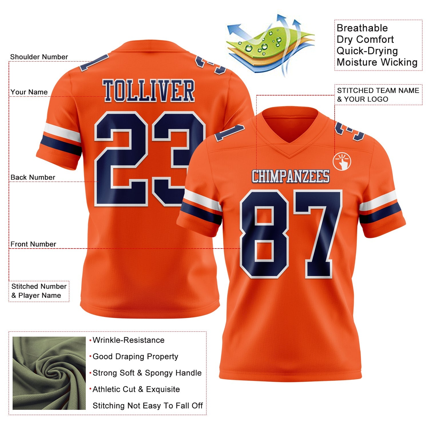 Custom Orange Navy-White Authentic Football Jersey view 3