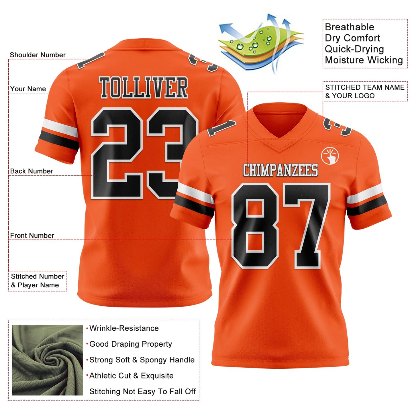 Custom Orange Black-White Authentic Football Jersey view 3