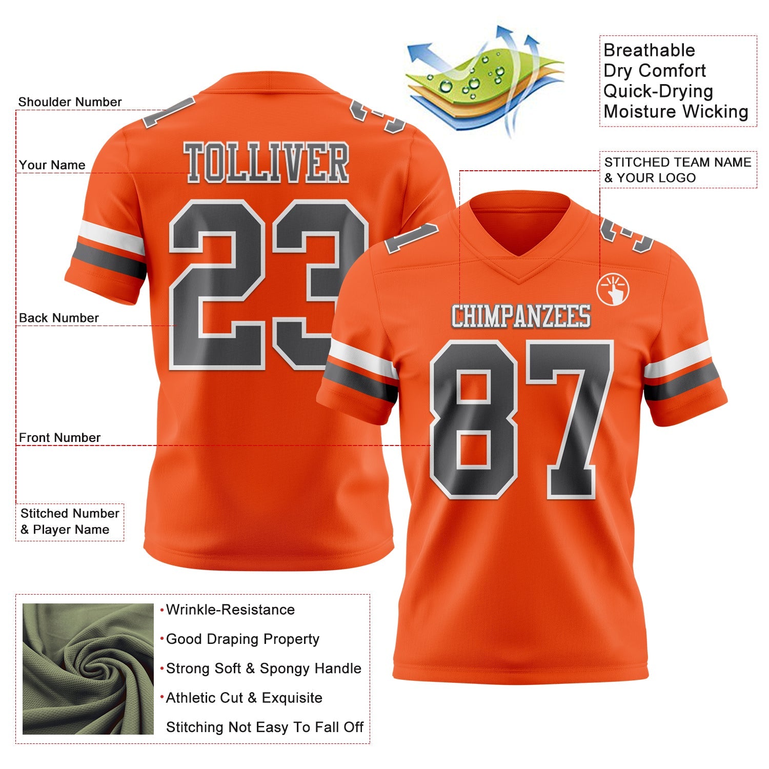 Custom Orange Steel Gray-White Authentic Football Jersey view 3