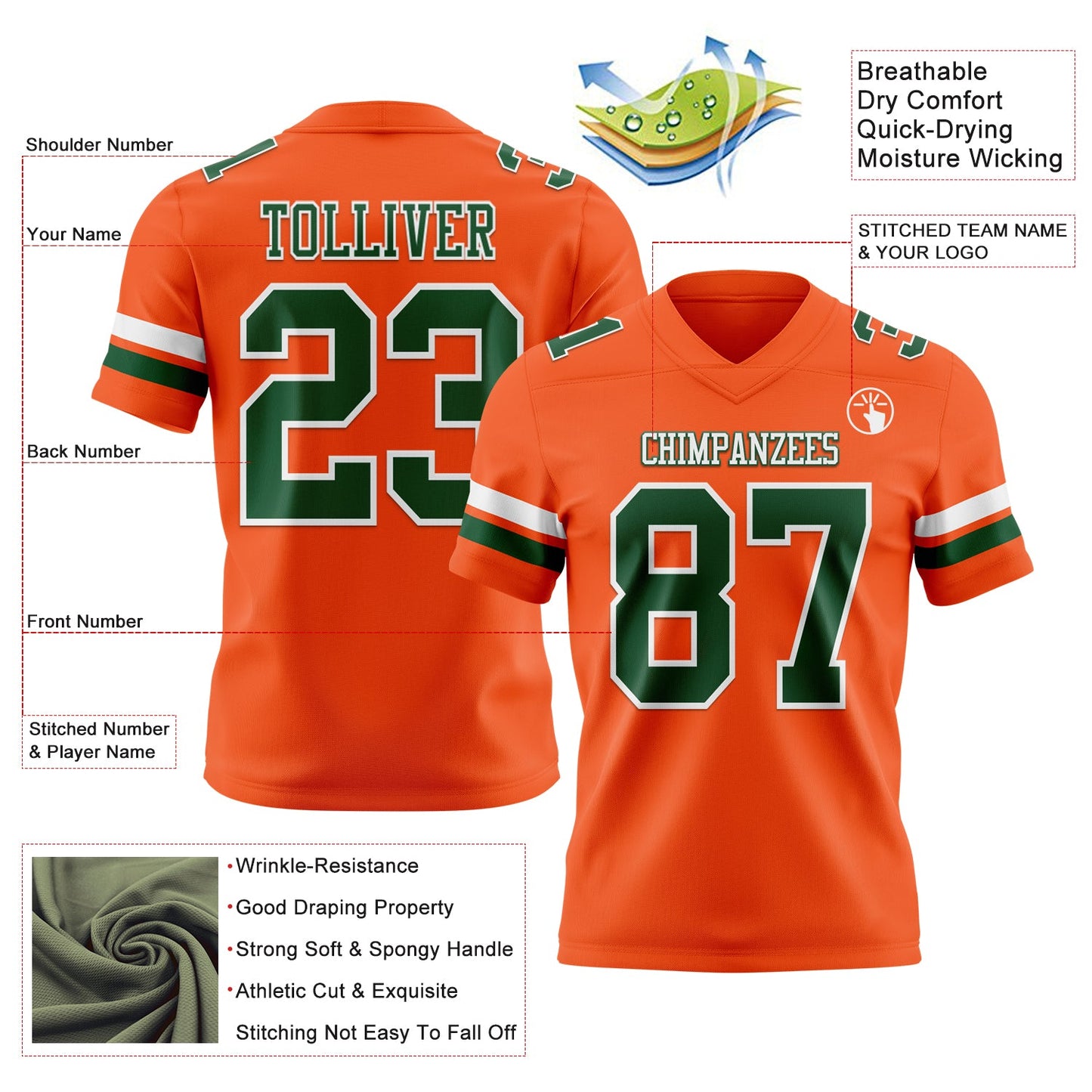 Custom Orange Green-White Authentic Football Jersey view 3