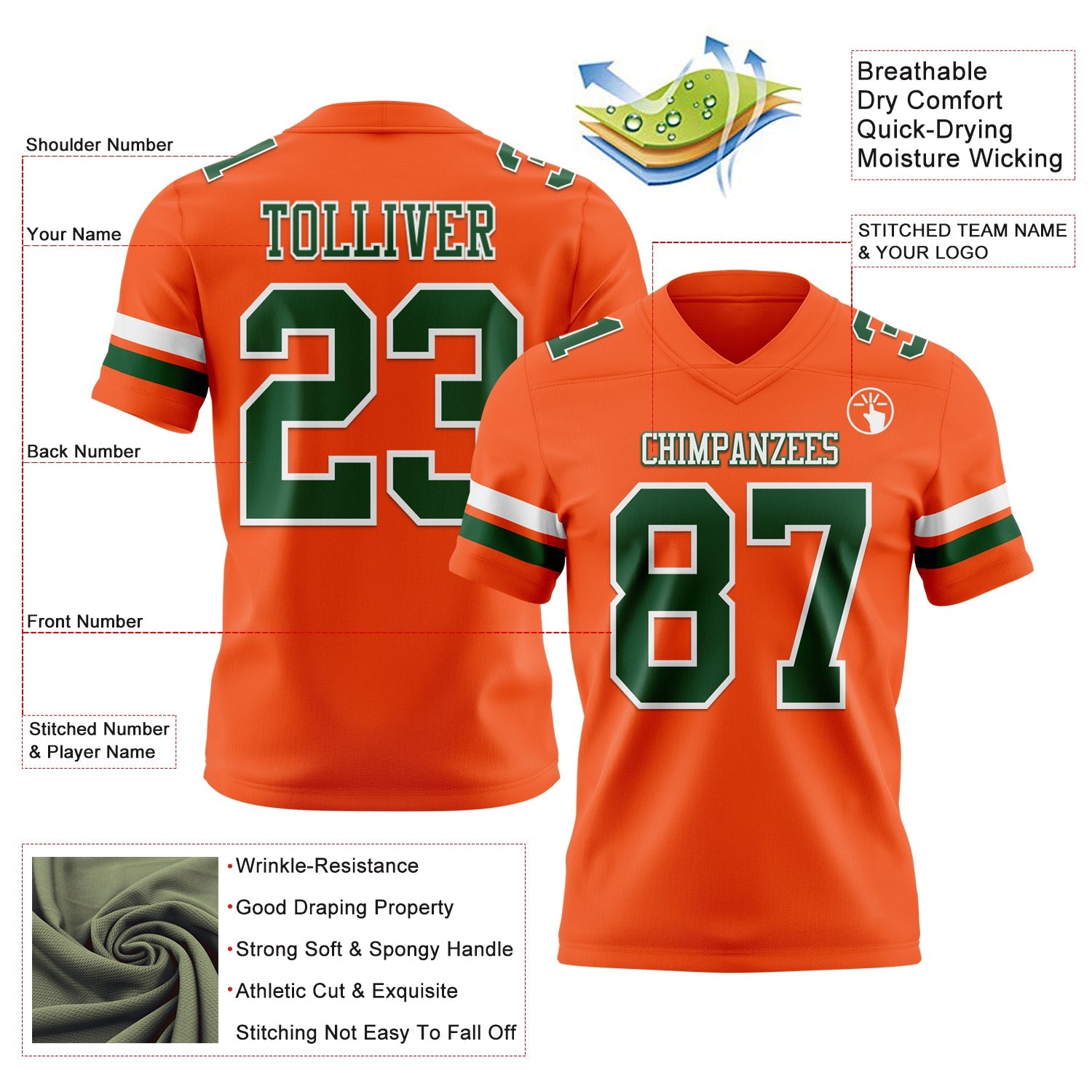 Custom Orange Green-White Authentic Football Jersey view 3