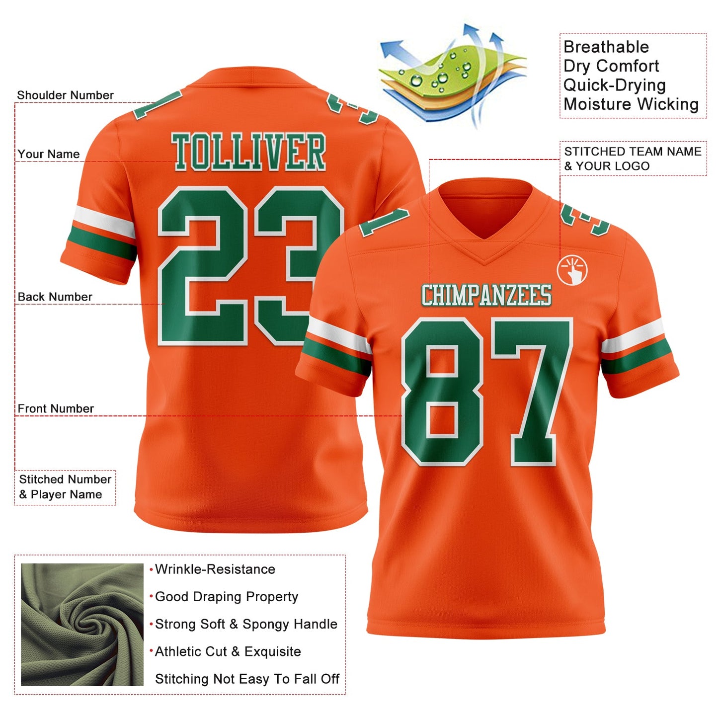 Custom Orange Kelly Green-White Authentic Football Jersey view 3