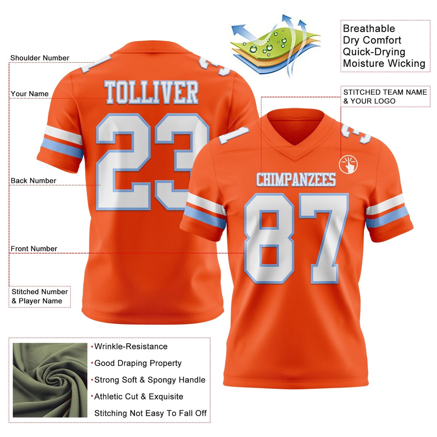 Custom Orange White-Light Blue Authentic Football Jersey view 3