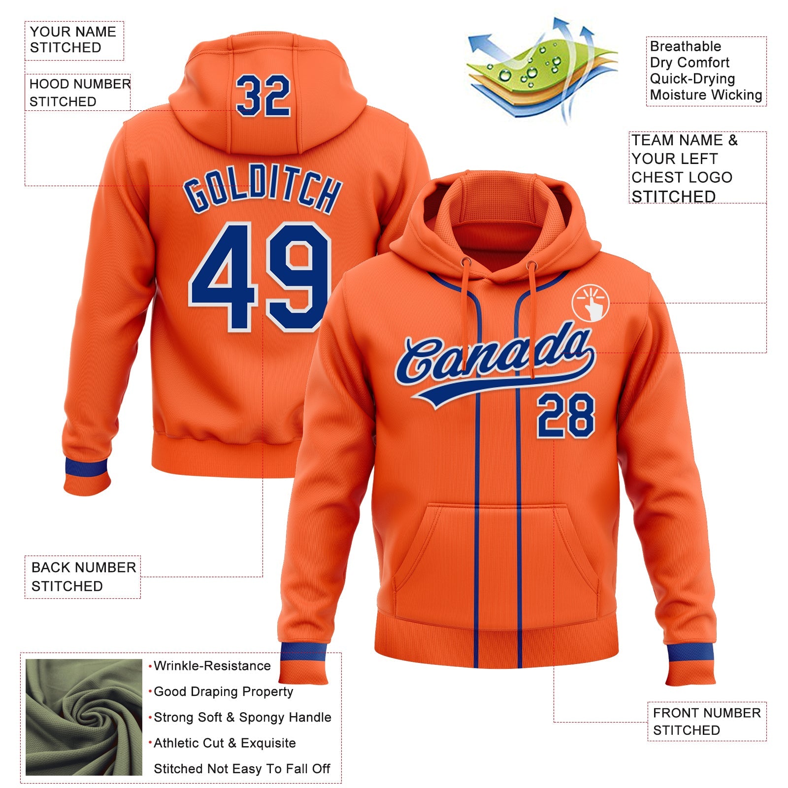 Custom Stitched Orange Royal-White Baseball Pullover Sweatshirt Hoodie view 2