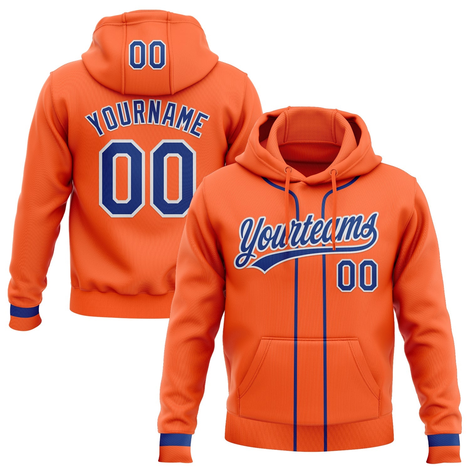 Custom Stitched Orange Royal-White Baseball Pullover Sweatshirt Hoodie - Main View