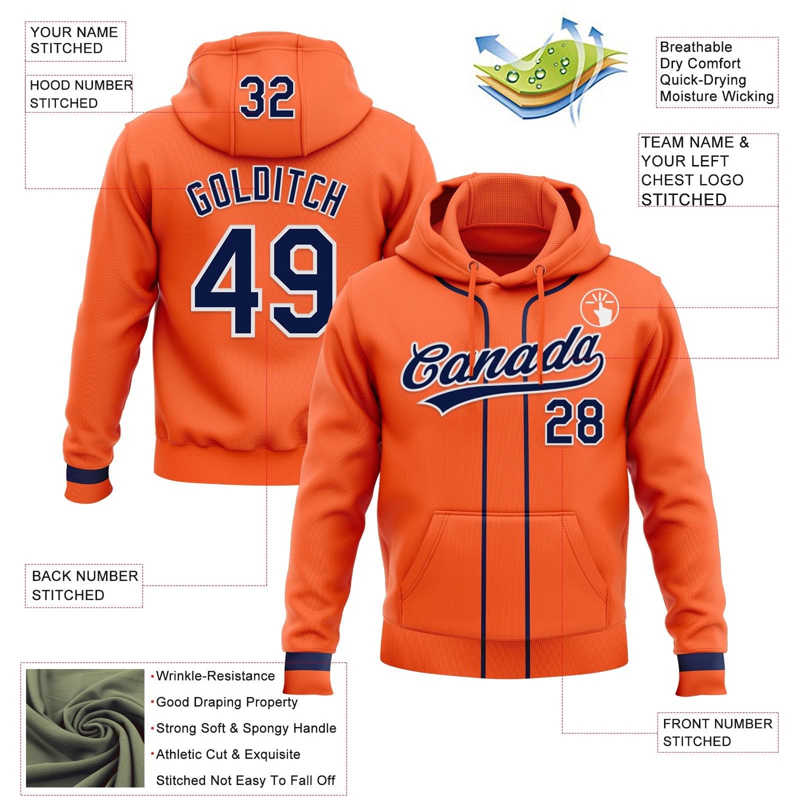 Custom Stitched Orange Navy-White Baseball Pullover Sweatshirt Hoodie view 2