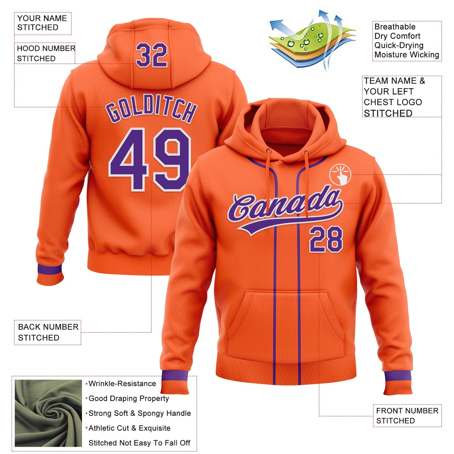 Custom Stitched Orange Purple-White Baseball Pullover Sweatshirt Hoodie view 2