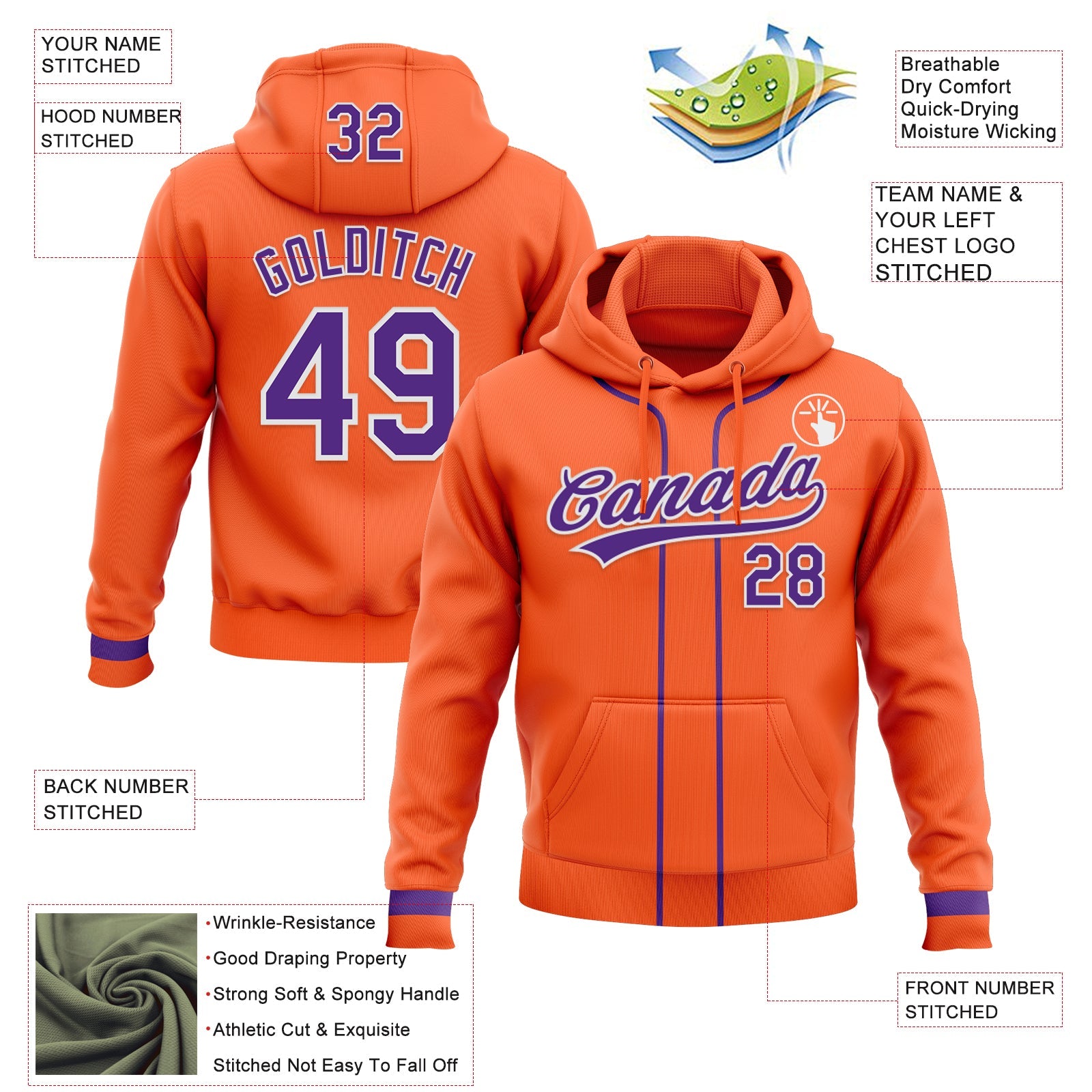 Custom Stitched Orange Purple-White Baseball Pullover Sweatshirt Hoodie view 2