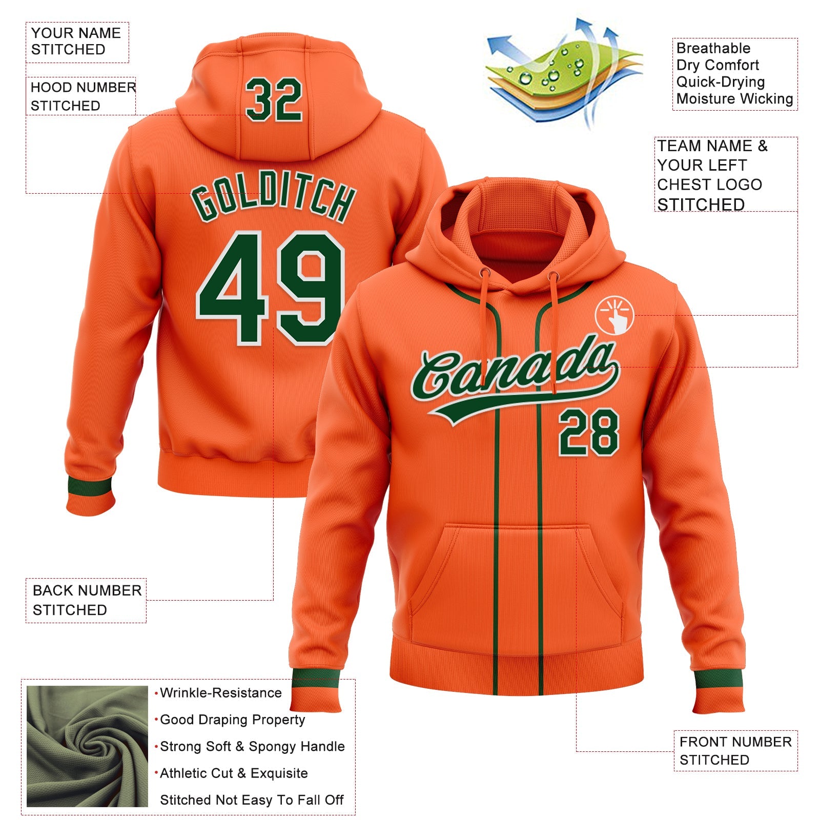 Custom Stitched Orange Green-White Baseball Pullover Sweatshirt Hoodie view 2