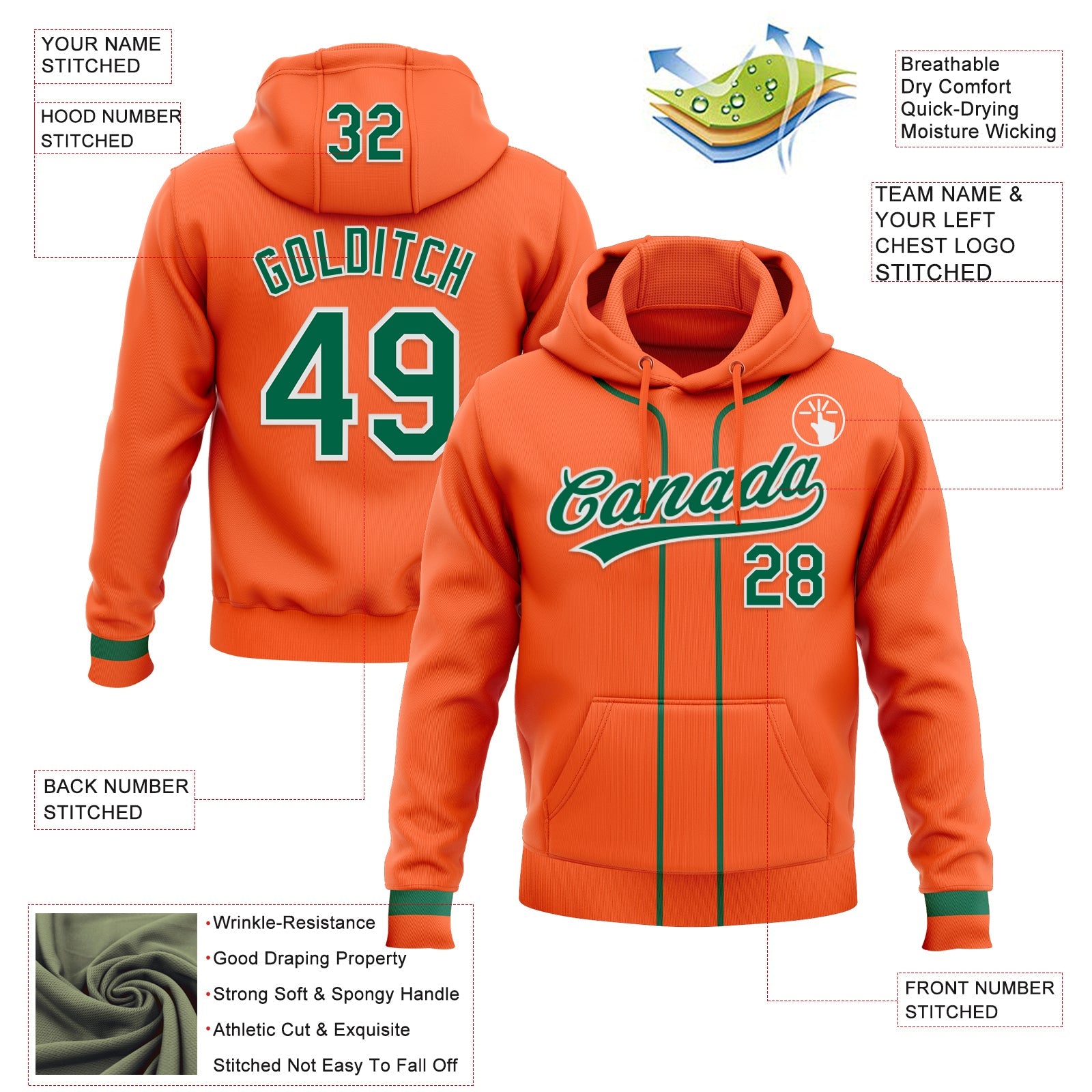 Custom Stitched Orange Kelly Green-White Baseball Pullover Sweatshirt Hoodie view 2