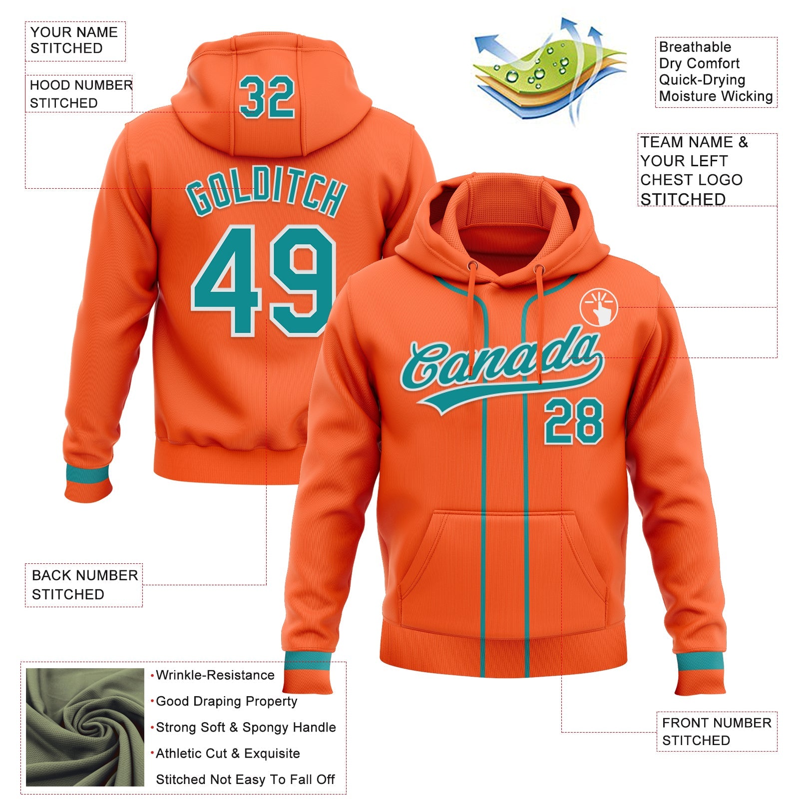 Custom Stitched Orange Teal-White Baseball Pullover Sweatshirt Hoodie view 2