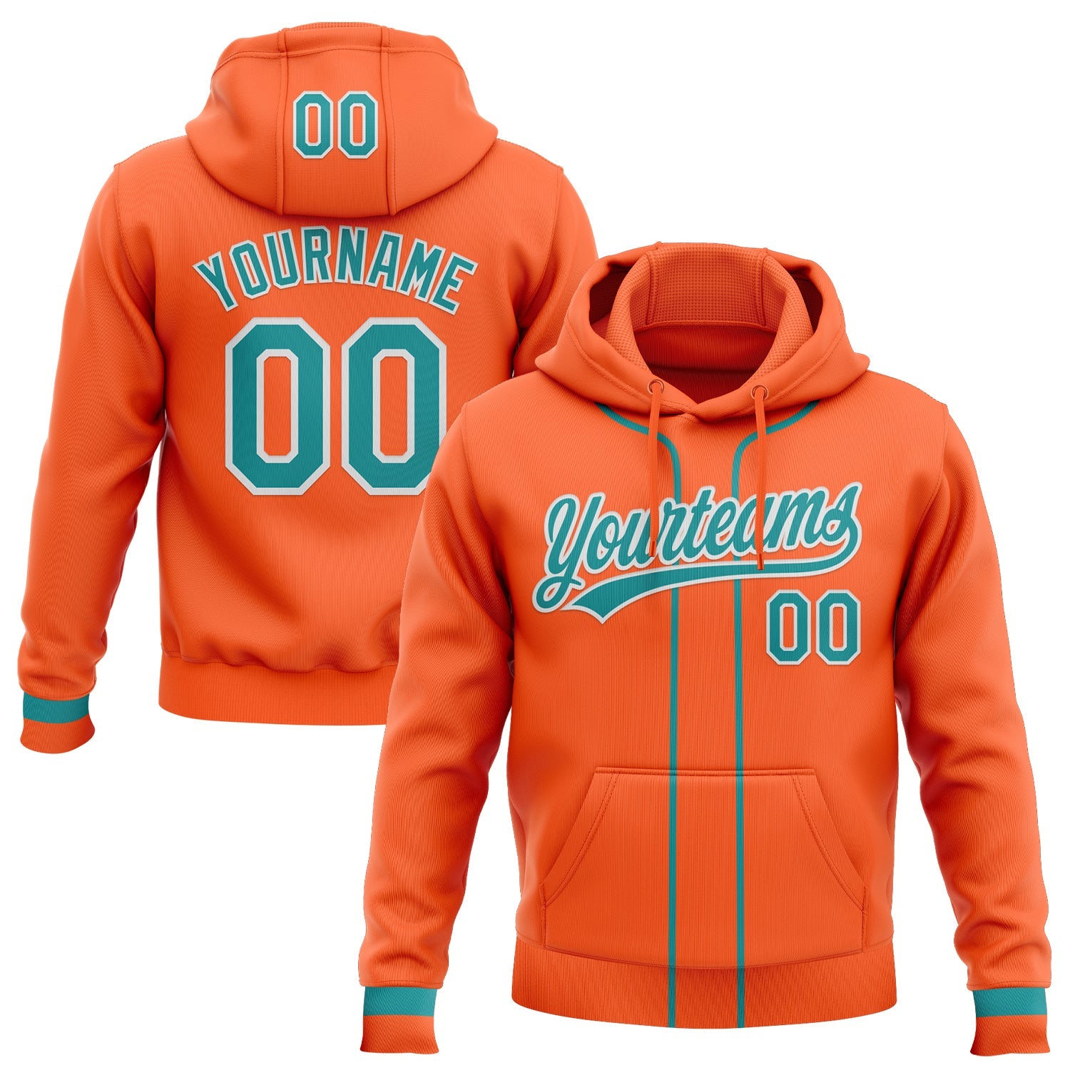 Custom Stitched Orange Teal-White Baseball Pullover Sweatshirt Hoodie - Main View