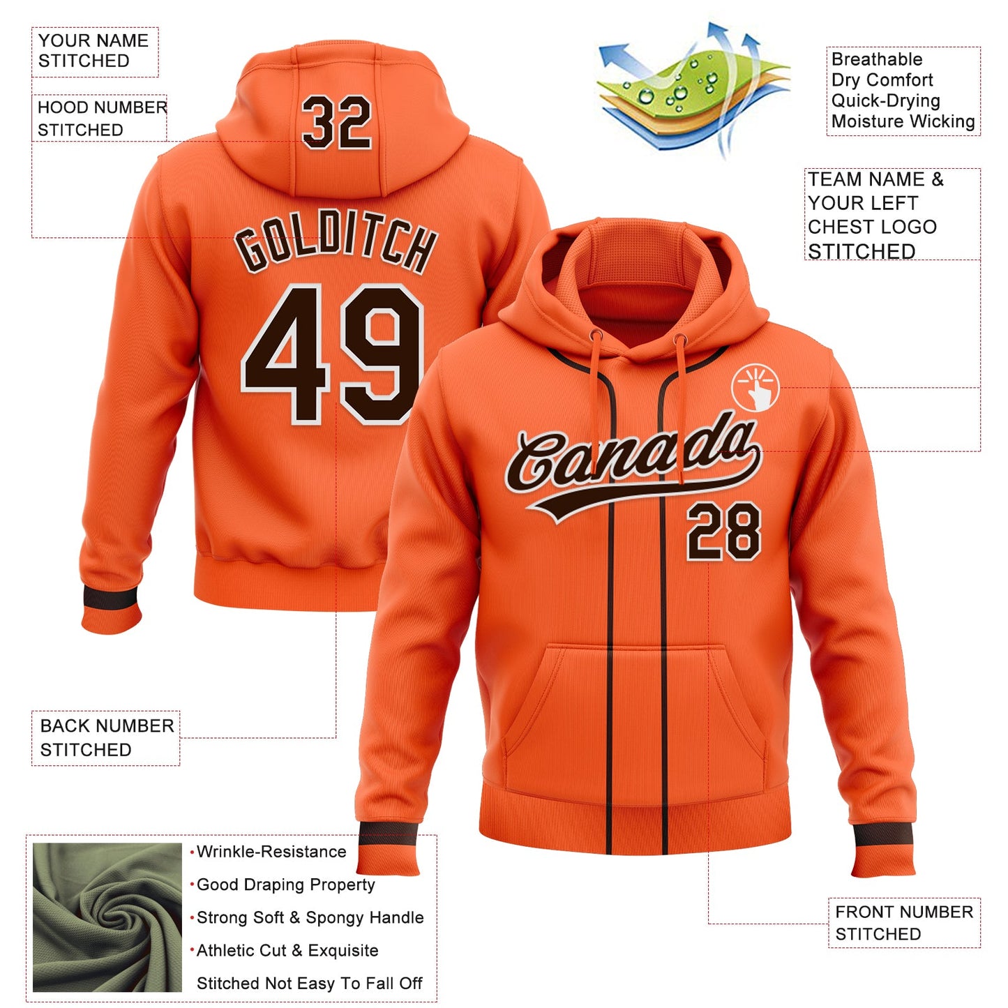 Custom Stitched Orange Brown-White Baseball Pullover Sweatshirt Hoodie view 2