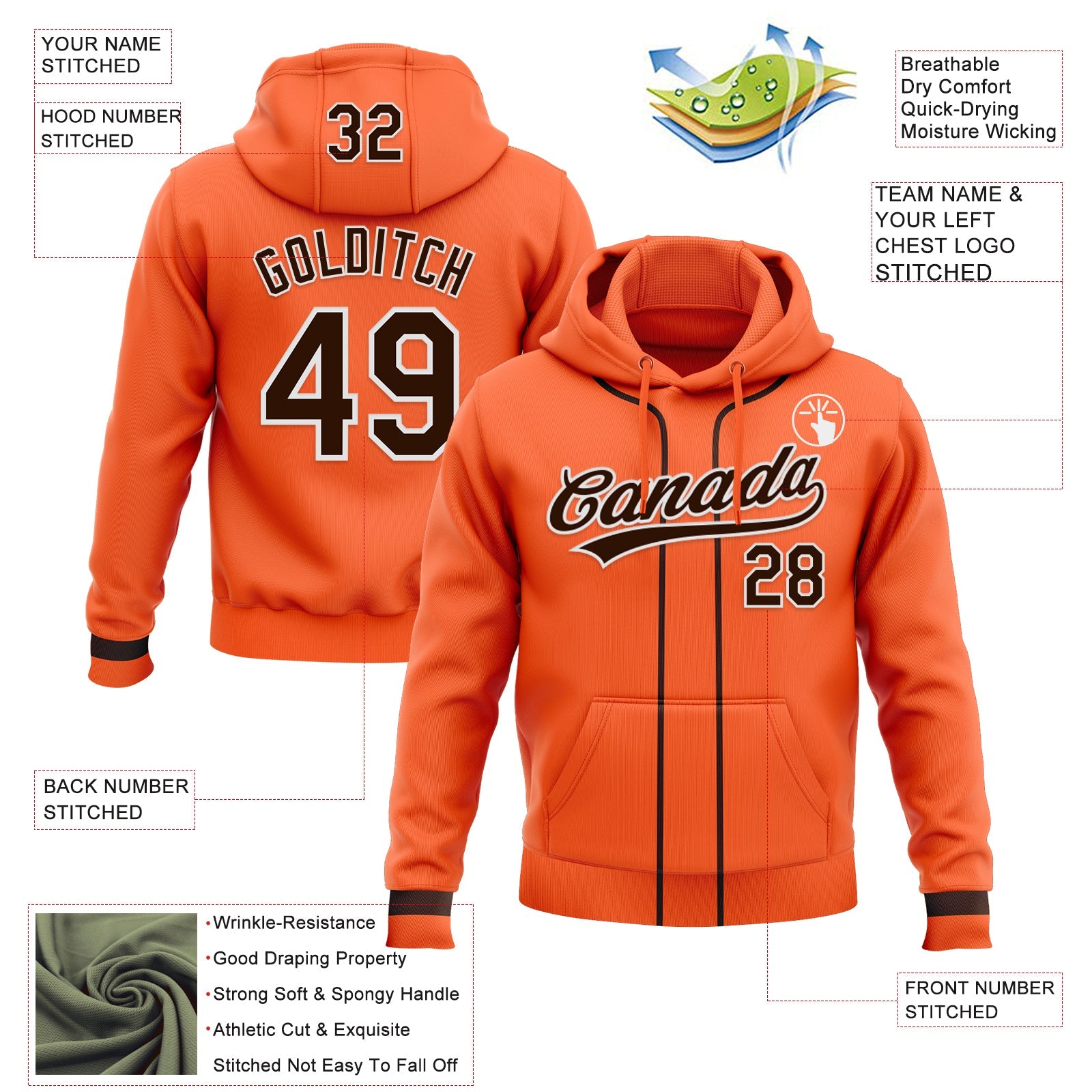 Custom Stitched Orange Brown-White Baseball Pullover Sweatshirt Hoodie view 2