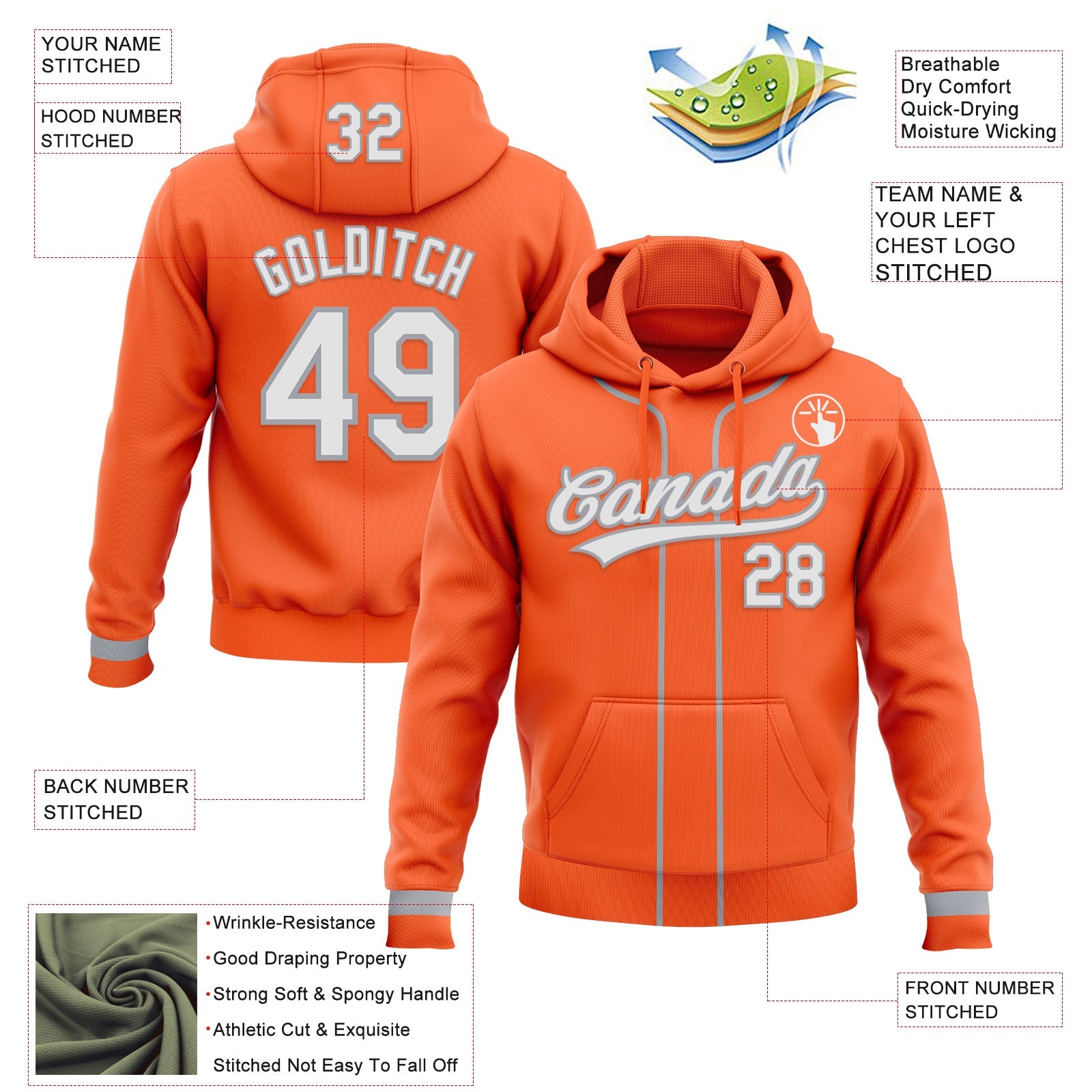 Custom Stitched Orange White-Gray Baseball Pullover Sweatshirt Hoodie view 2