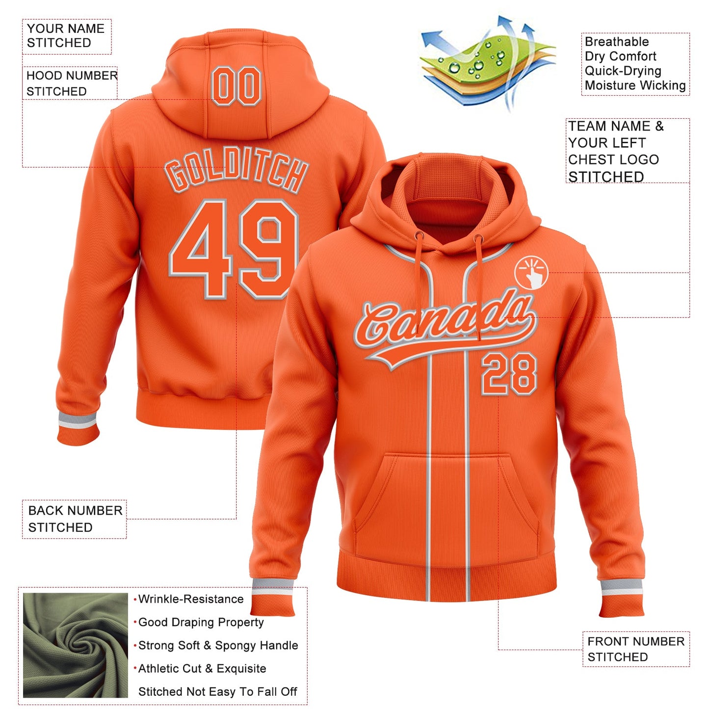 Custom Stitched Orange Orange White-Gray Baseball Pullover Sweatshirt Hoodie view 2