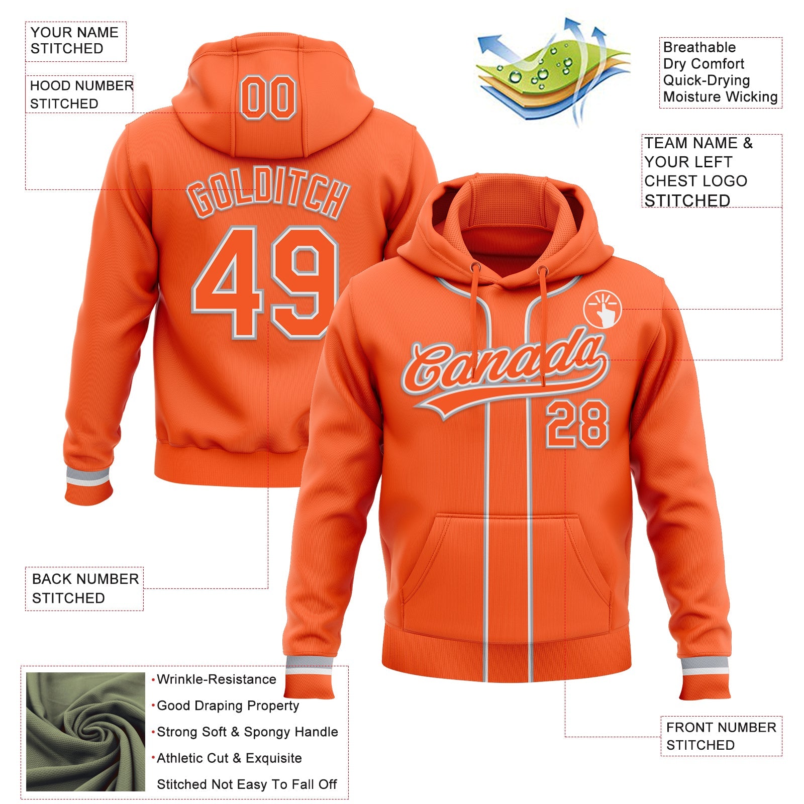 Custom Stitched Orange Orange White-Gray Baseball Pullover Sweatshirt Hoodie view 2