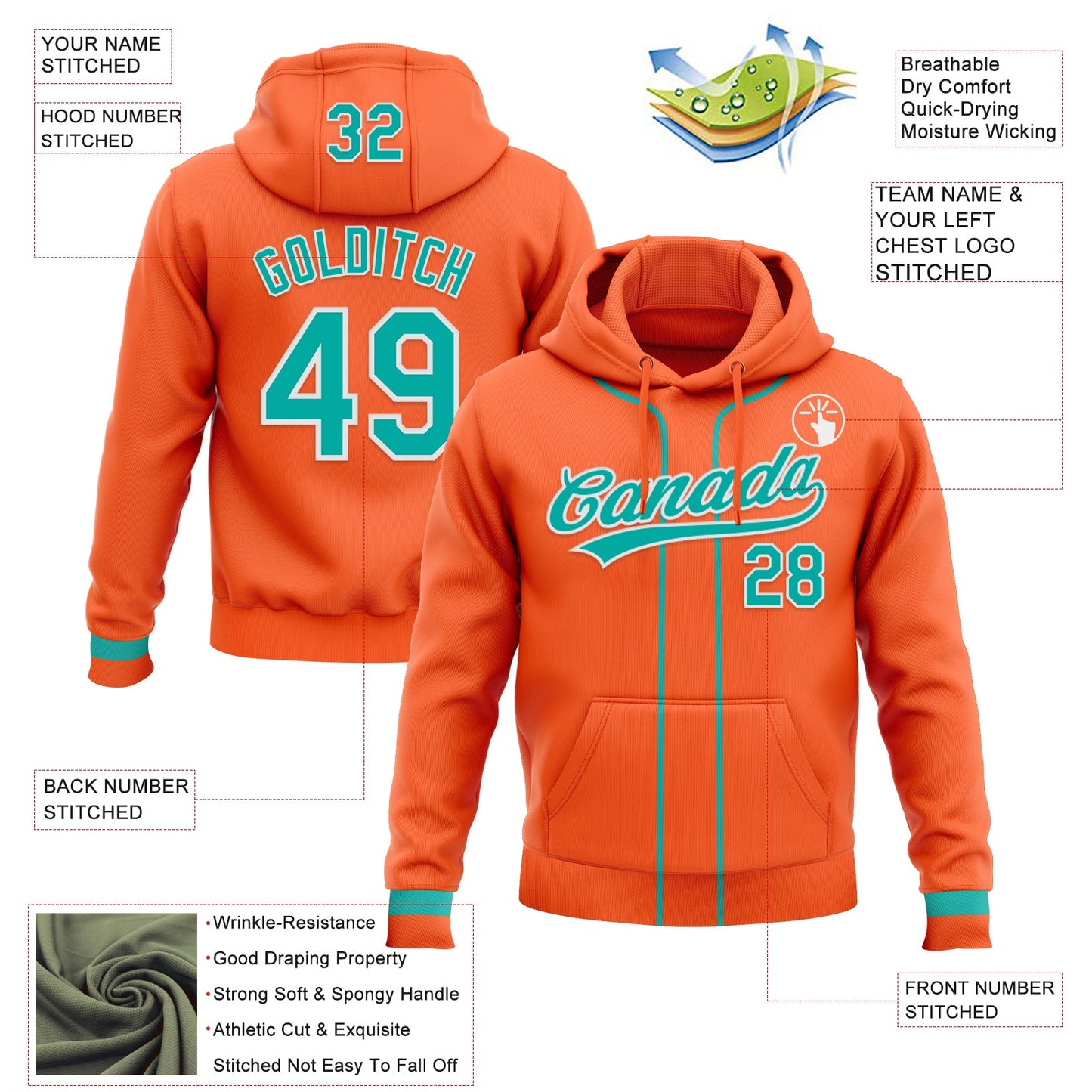 Custom Stitched Orange Aqua-White Baseball Pullover Sweatshirt Hoodie view 2