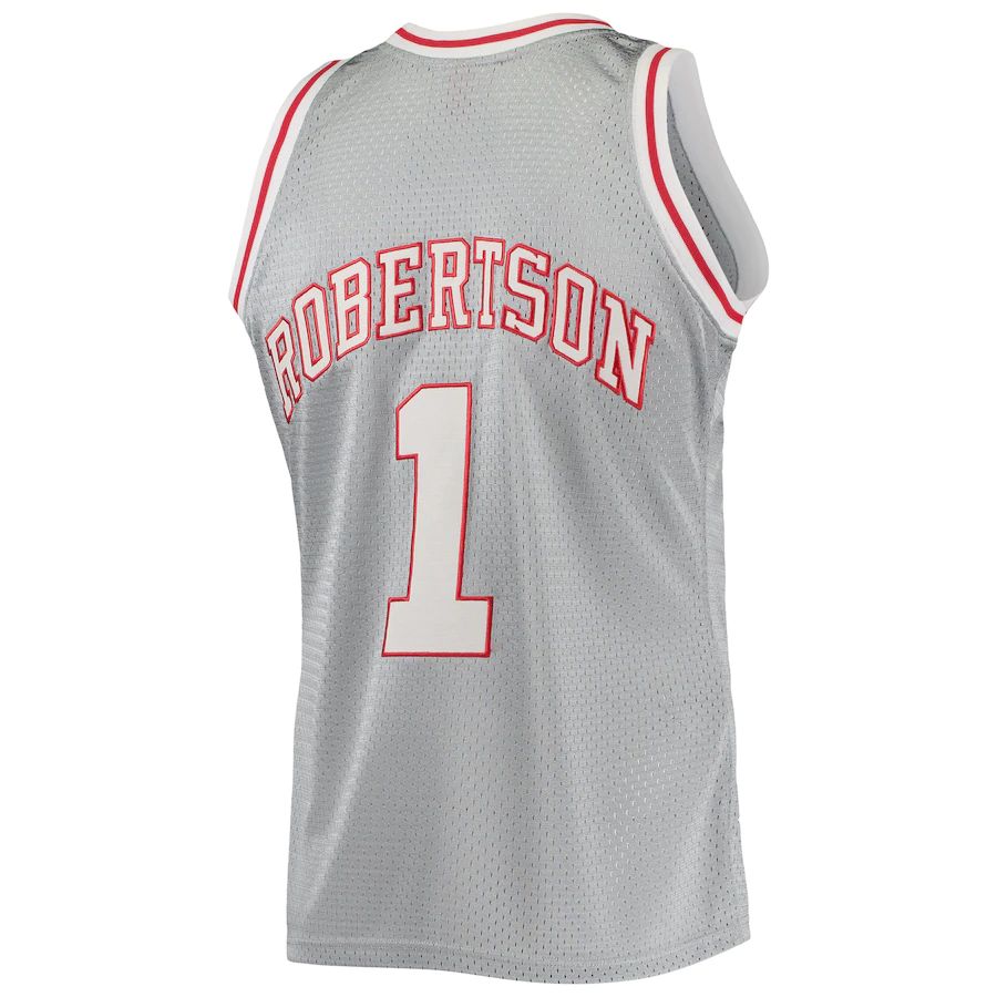 M.Bucks #1 Oscar Robertson Mitchell & Ness 75th Anniversary 1971-72 Hardwood Classics Swingman Jersey Silver Stitched American Basketball Jersey - Main View