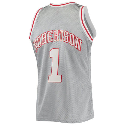 M.Bucks #1 Oscar Robertson Mitchell & Ness 75th Anniversary 1971-72 Hardwood Classics Swingman Jersey Silver Stitched American Basketball Jersey - Main View