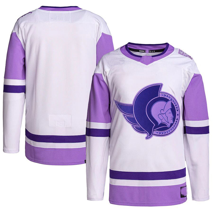O.Senators Hockey Fights Cancer Primegreen Authentic Blank Practice Jersey White Purple Stitched American Hockey Jerseys - Main View