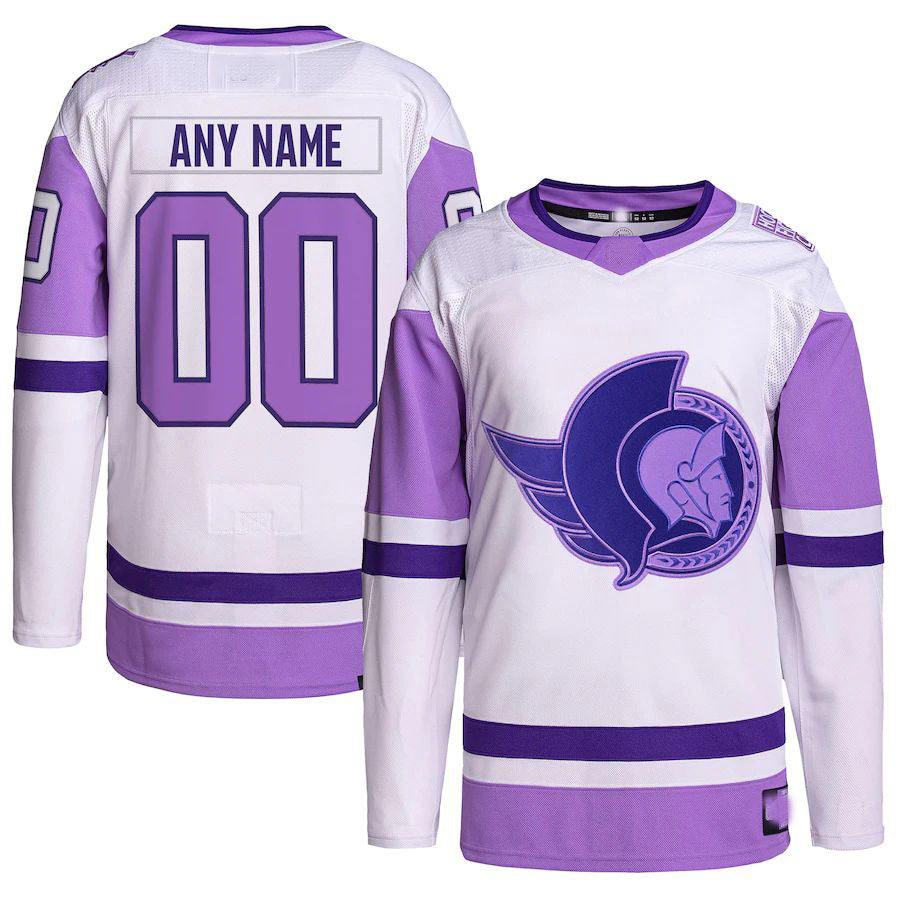 Custom O.Senators Hockey Fights Cancer Primegreen Authentic Jersey White Purple Stitched American Hockey Jerseys - Main View