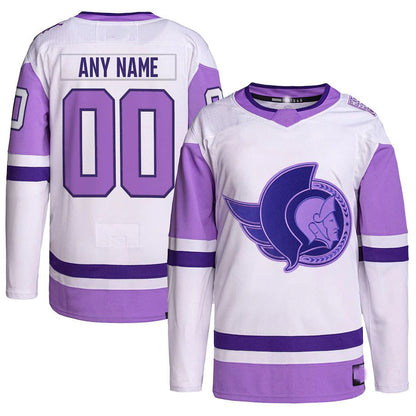 Custom O.Senators Hockey Fights Cancer Primegreen Authentic Jersey White Purple Stitched American Hockey Jerseys - Main View
