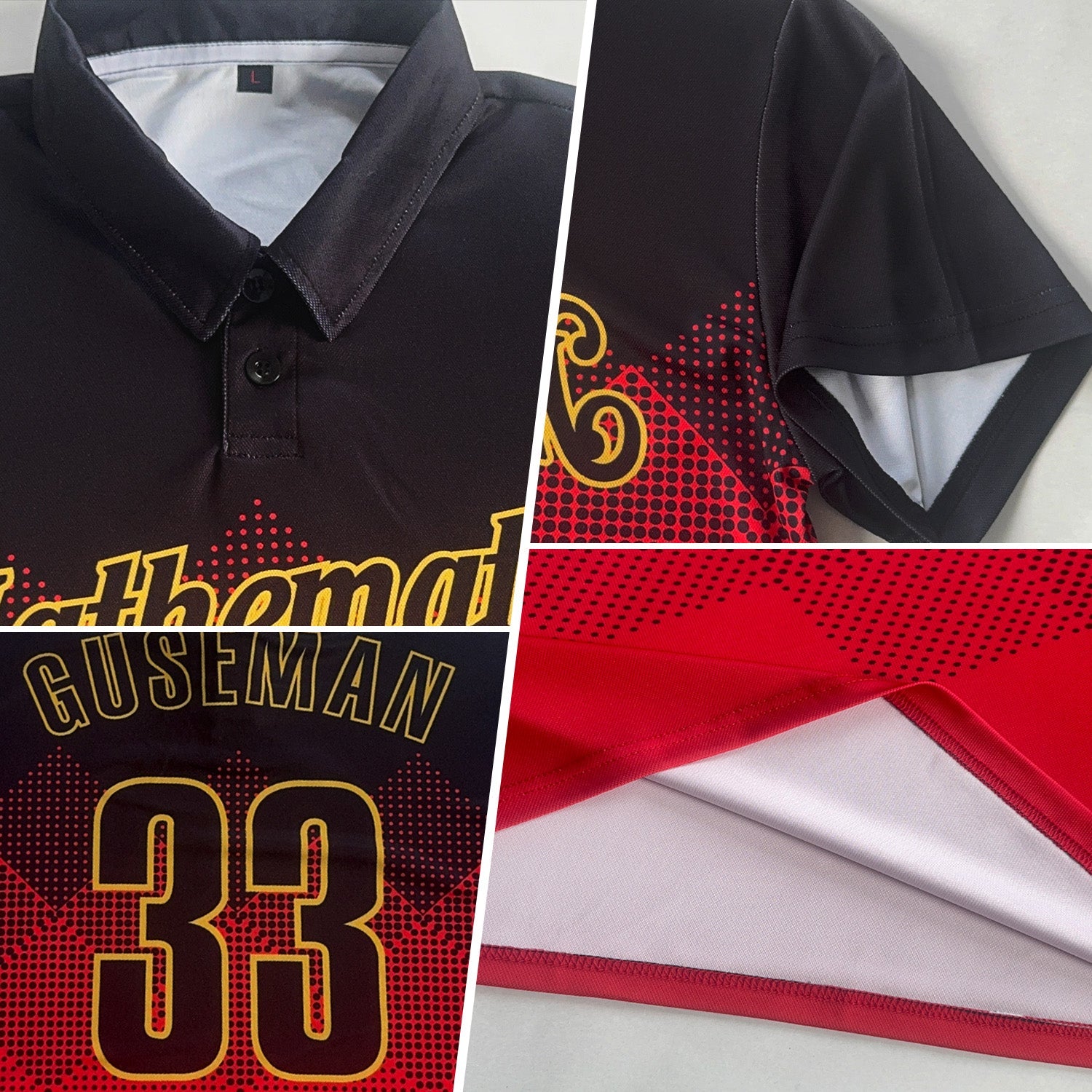 Custom Black Red-Old Gold 3D Pattern Design Gradient Square Shape Performance Polo Shirt view 2