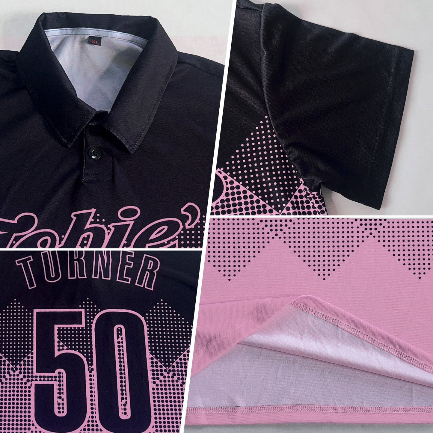 Custom Black Light Pink 3D Pattern Design Gradient Square Shape Performance Polo Shirt view 2