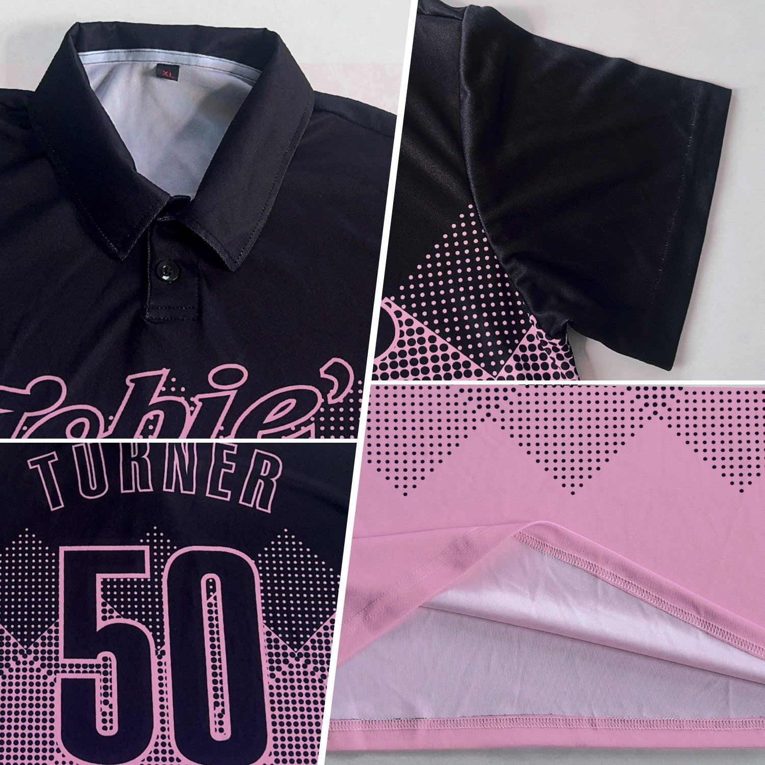 Custom Black Light Pink 3D Pattern Design Gradient Square Shape Performance Polo Shirt view 2
