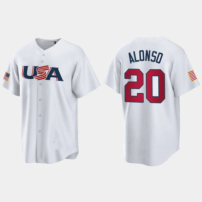 #20 PETE ALONSO NEW YORK METS 2023 WORLD BASEBALL CLASSIC USA REPLICA JERSEY ¨C WHITE Stitches Baseball Jerseys - Main View