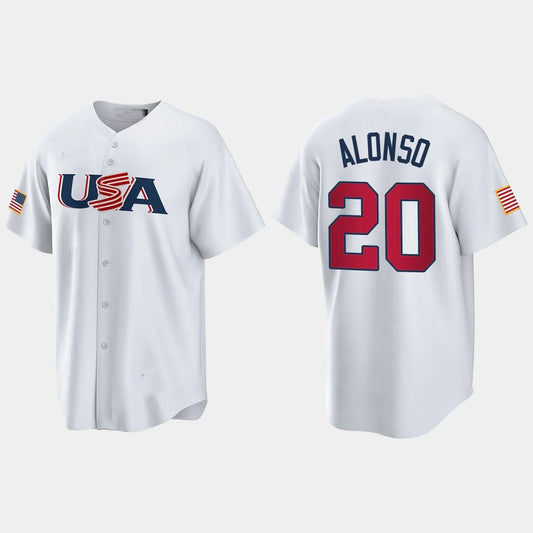 #20 PETE ALONSO NEW YORK METS 2023 WORLD BASEBALL CLASSIC USA REPLICA JERSEY ¨C WHITE Stitches Baseball Jerseys - Main View