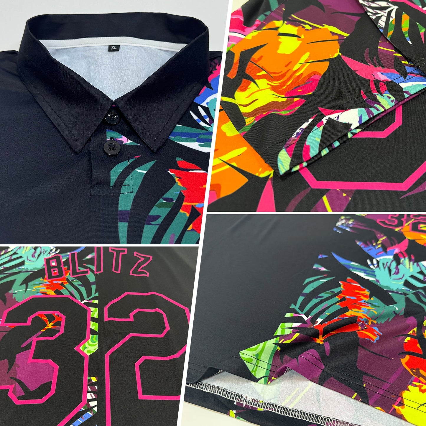 Custom Black Pink 3D Pattern Design Tropical Hawaii Palm Leaves Performance Golf Polo Shirt view 2