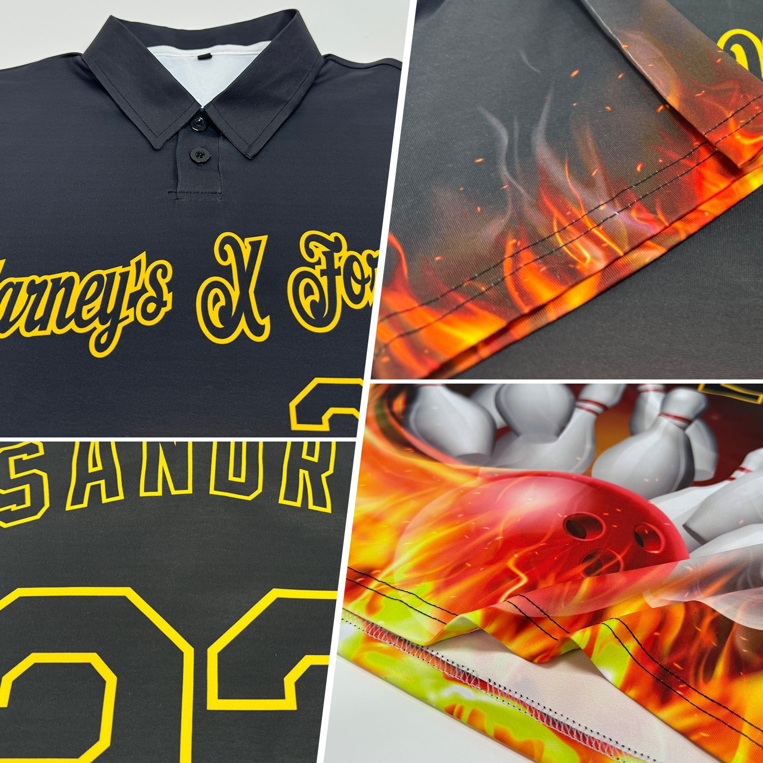 Custom Black Gold 3D Pattern Design Flame Bowling Performance Polo Shirt view 2