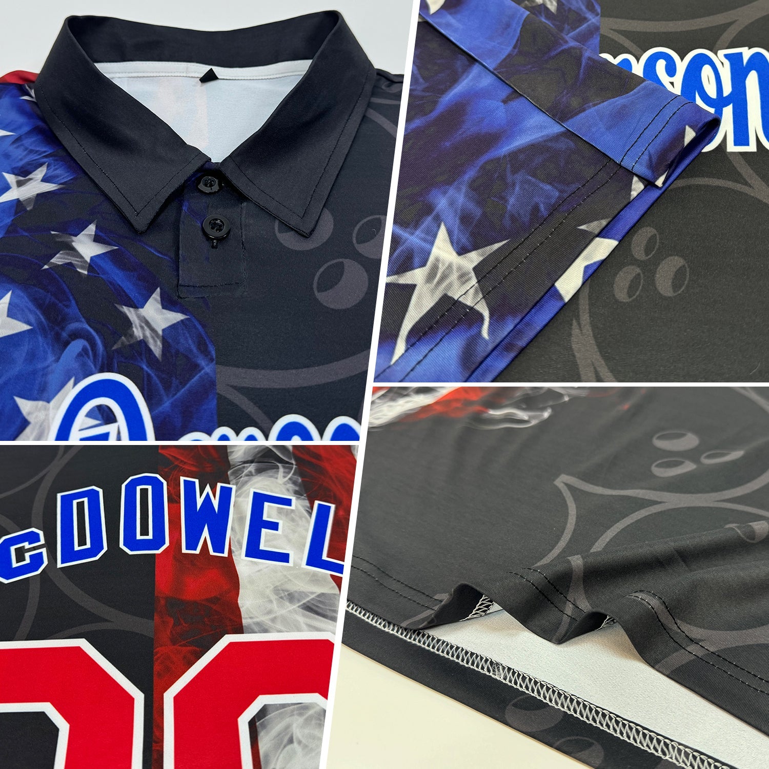 Custom Black Red-Royal 3D Pattern Design Bowling Ball American Flag Performance Polo Shirt view 2