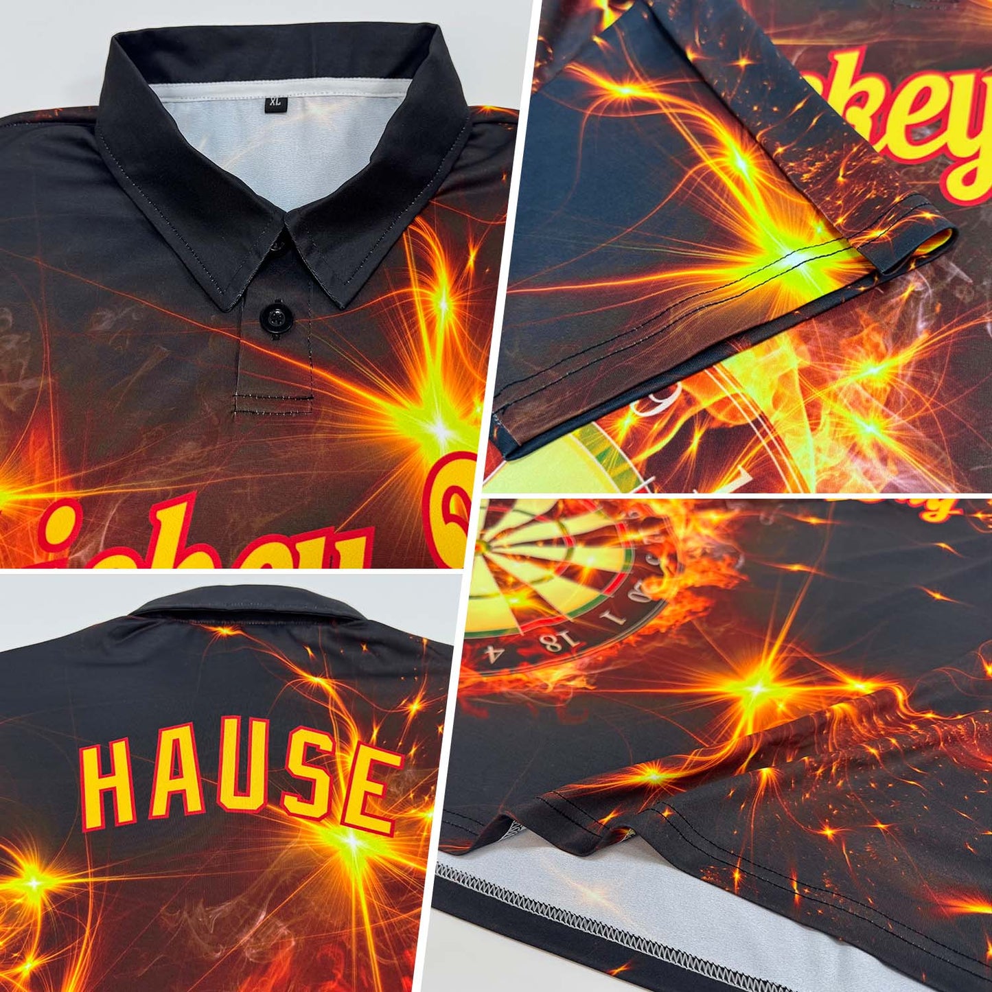 Custom Black Yellow-Red 3D Pattern Design Flame Dart Board Performance Golf Polo Shirt view 2