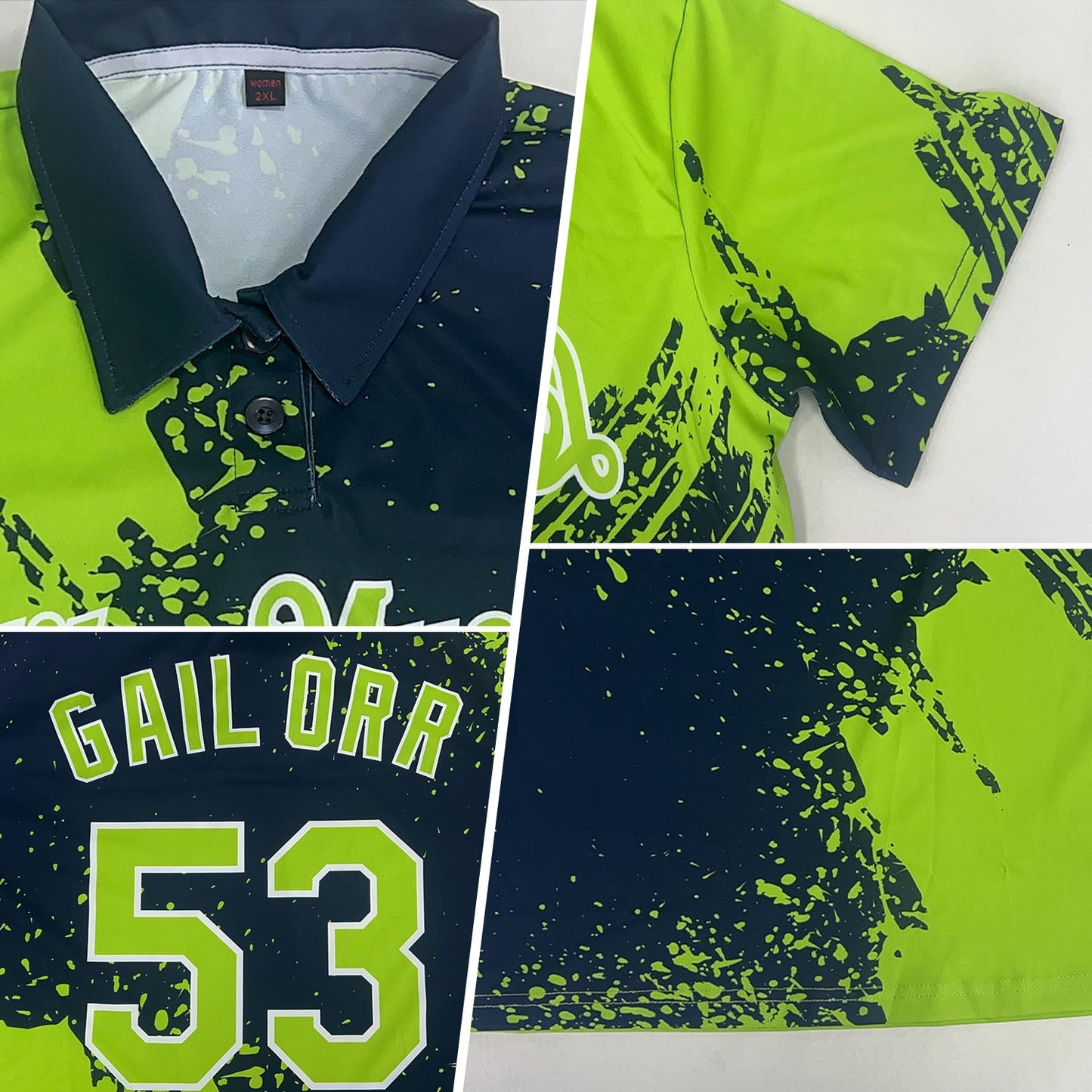 Custom Neon Green Navy-White 3D Pattern Design Abstract Brush Stroke Performance Polo Shirt view 2