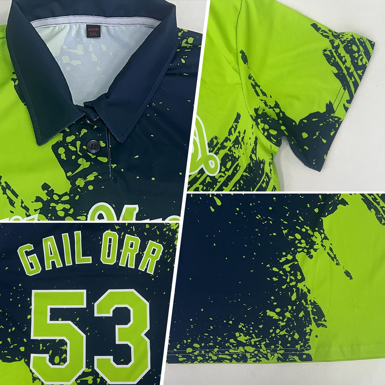 Custom Neon Green Navy-White 3D Pattern Design Abstract Brush Stroke Performance Polo Shirt view 2