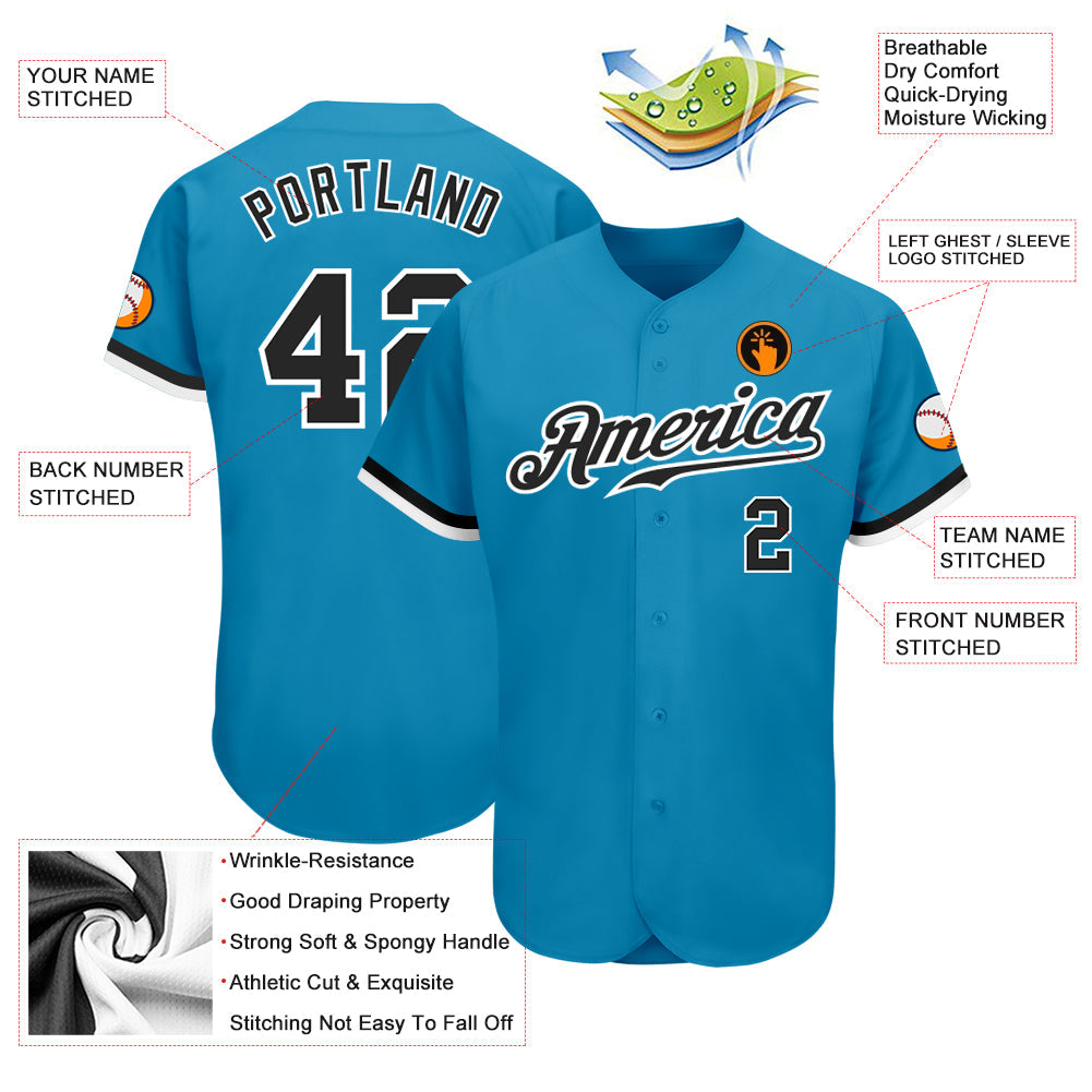 Custom Panther Blue Black-White Authentic Baseball Jersey view 3